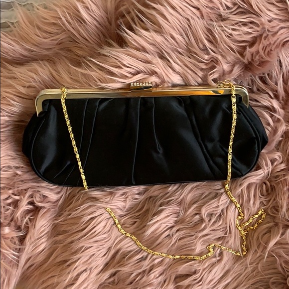 BARNEYS NY Black Satin Rhinestone evening Clutch